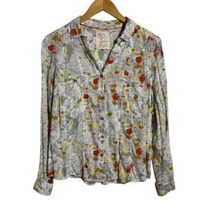 Anthropologie Floral Button-Up Blouse in White, Red, Yellow, Green